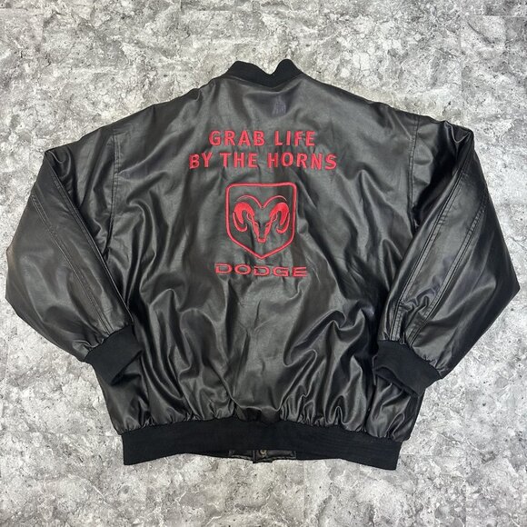 Y2K Dodge Ram Bomber Jacket XXL Grab Life By The Horns Graphic Snap Faux Leather - Picture 1 of 6